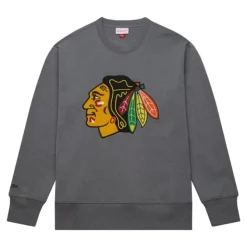 Mitchell & Ness Hoodies & Sweatshirts-Snow Washed Fleece Crew Current Logo Chicago Blackhawks