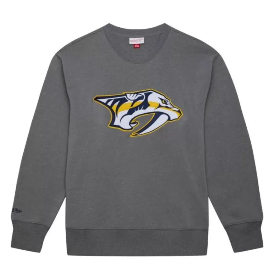 Mitchell & Ness Hoodies & Sweatshirts-Snow Washed Fleece Crew Current Logo Nashville Predators