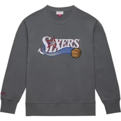 Mitchell & Ness Hoodies & Sweatshirts-Snow Washed Fleece Crew Philadelphia 76Ers